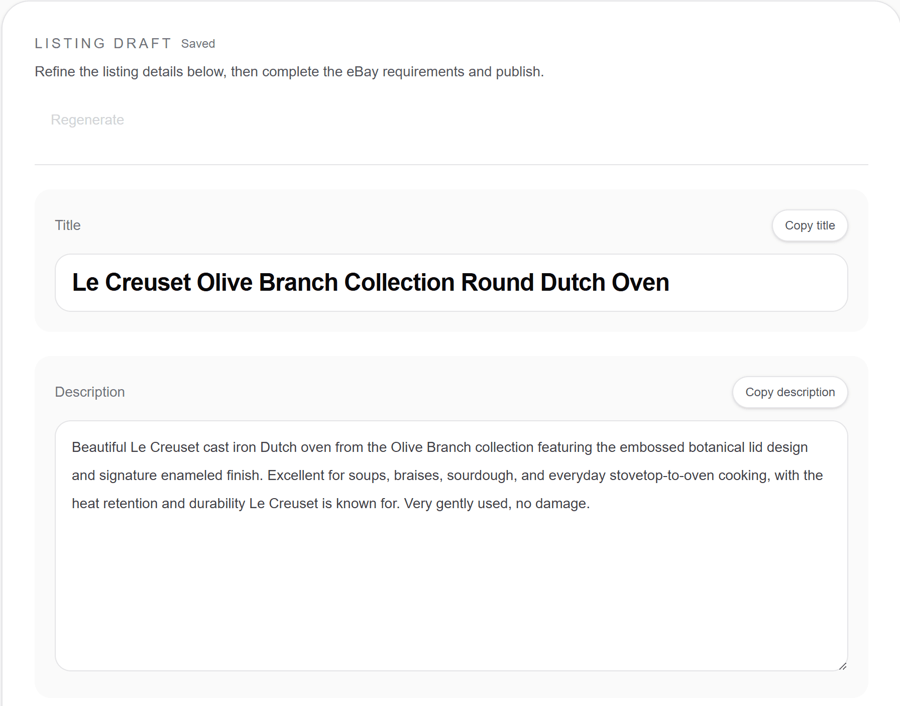 Structured listing draft with title and description in Posta
