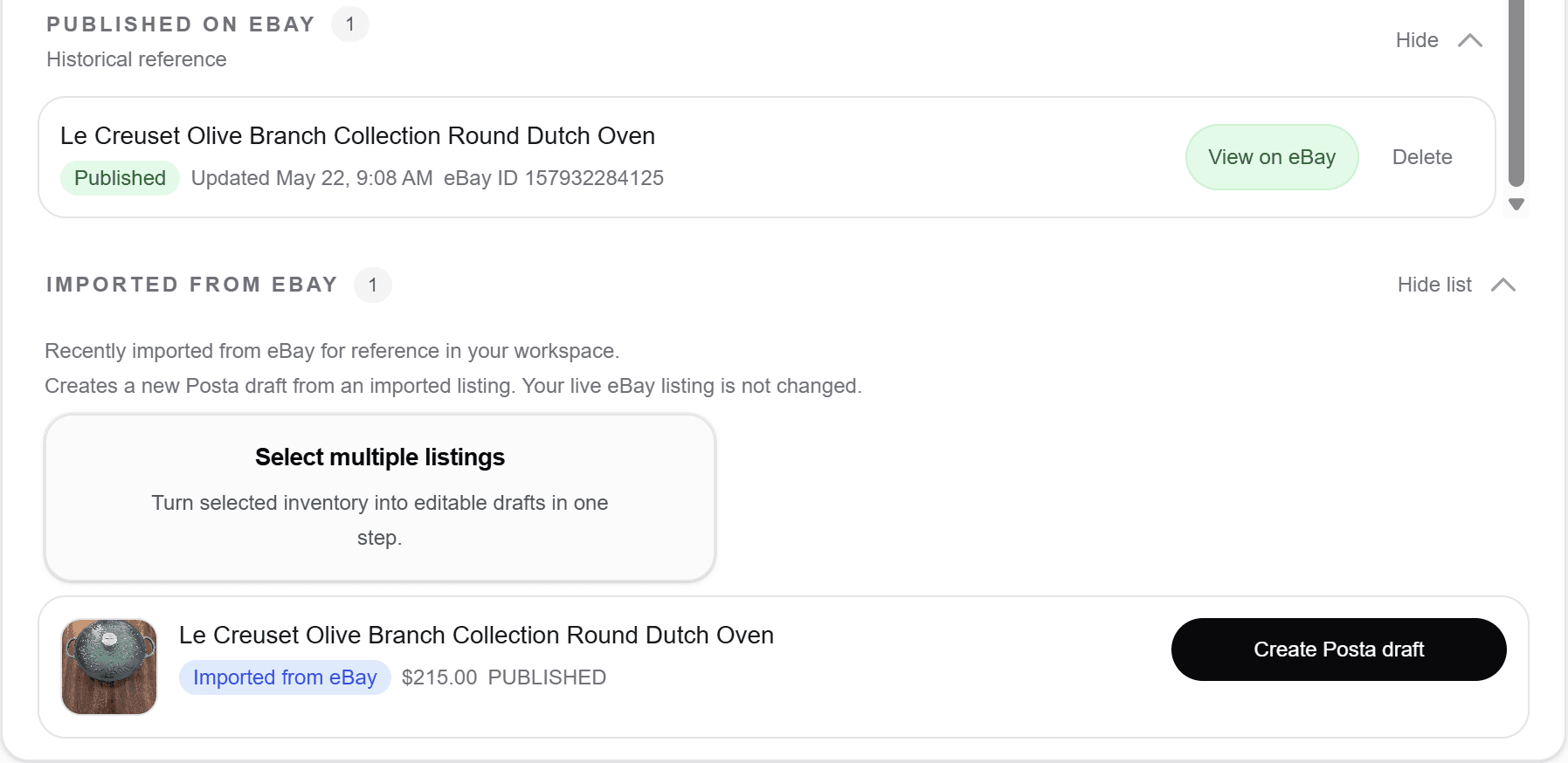 Imported eBay listings in Posta workspace with Create Posta draft action