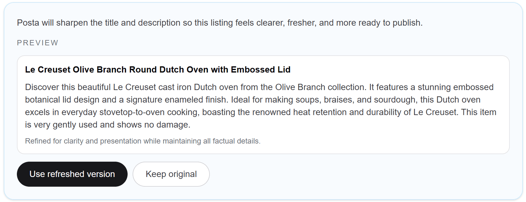Preview refreshed listing with use refreshed version or keep original options
