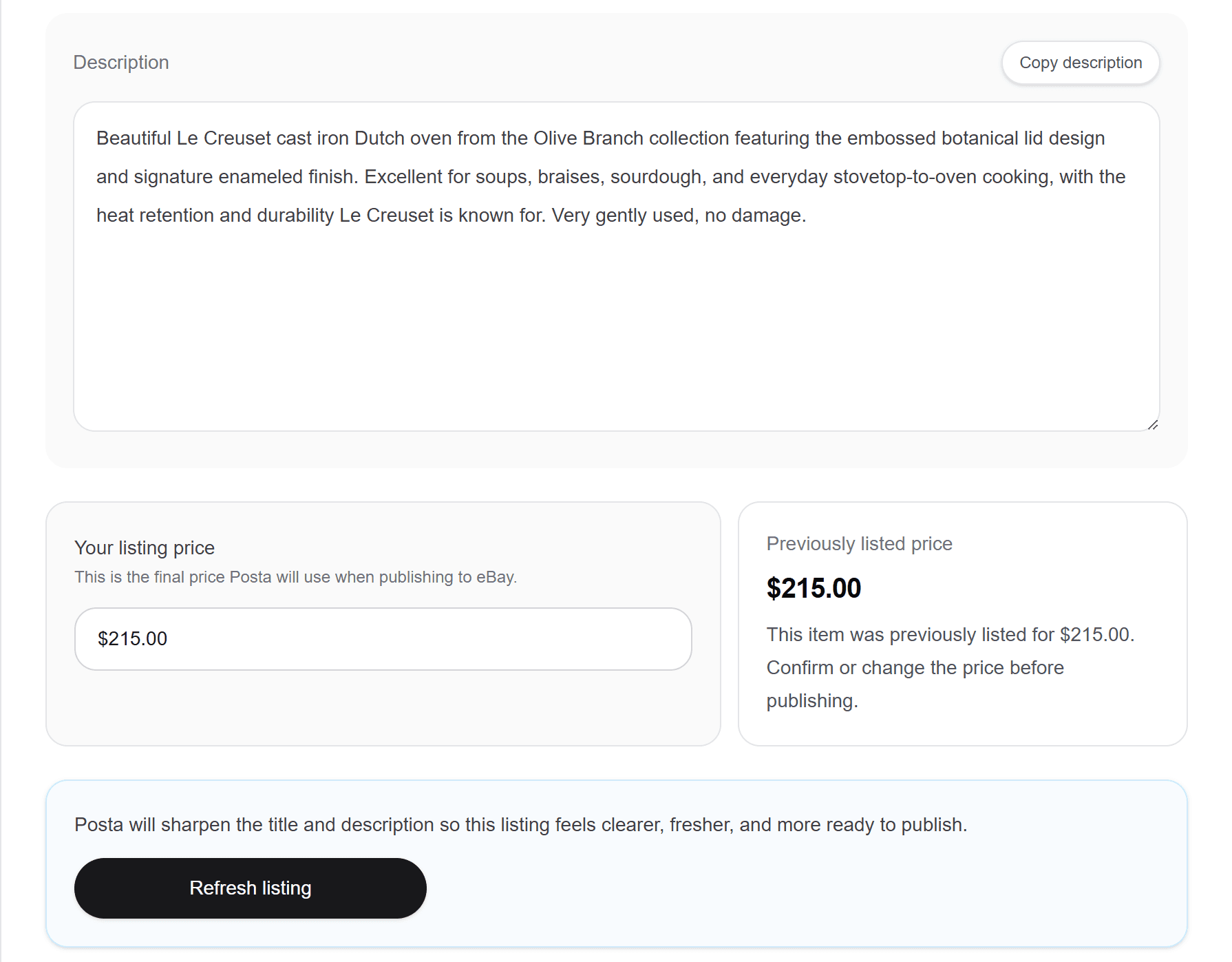 Refresh listing action on an imported eBay draft in Posta