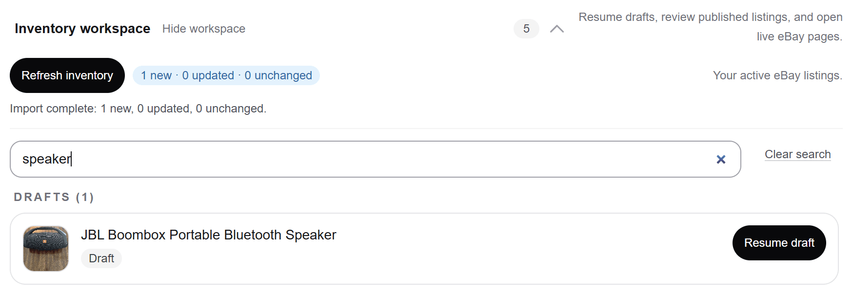 Searching drafts and imported inventory in the Posta workspace
