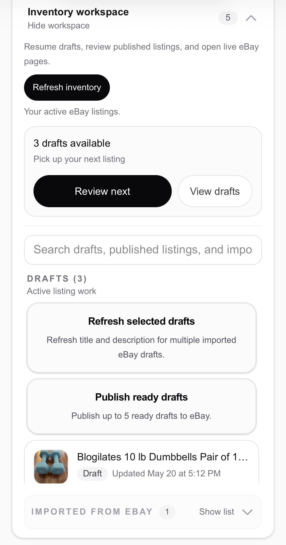 Posta inventory workspace on mobile showing drafts, search, and listing actions